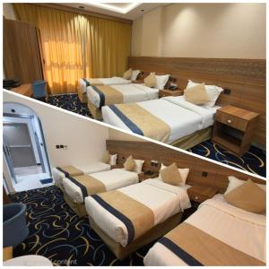 two pictures of a hotel room with two beds at Nuzul Nebras Al Madinah in Medina +5 photos