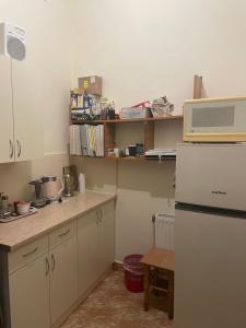 a kitchen with white cabinets and a refrigerator and shelves at Міраж in Uzhhorod