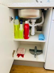 a kitchen cabinet with bottles and a sink at Studio centre ville in Concarneau +15 photos