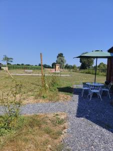 a picnic table and an umbrella in a field at La tiny house in Bissières