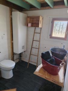 a bathroom with a sink and a toilet and a ladder at La tiny house in Bissières