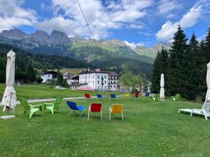 a group of chairs sitting in the grass in a field at Albergo Scoiattolo Dolomites Experience in Falcade