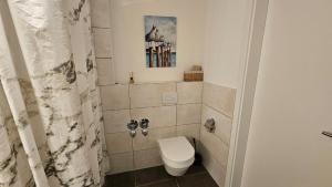 a bathroom with a toilet and a shower curtain at Studio- Gemütlich, Charmant, Zentral in Landsberg am Lech +7 photos