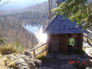 a man standing in the doorway of a log cabin at Haus-Johanna in Riedlhütte +9 photos