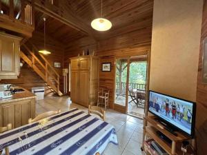 a bedroom with a bed and a television in a room at Chalet des dunes in Biscarrosse