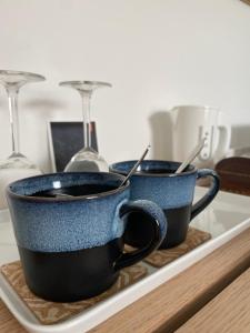 two blue cups sitting on a tray on a counter at Rushes View Homestay in Market Harborough