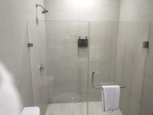 a bathroom with a glass shower with a toilet at Suites Santa Isabella in Ajijic +18 photos