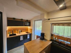 a kitchen with a counter and a sink and a window at Enzian Apartments in Kartitsch