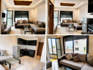 three pictures of a living room with a couch and a table at Mehdia Beach Apartment in Kenitra