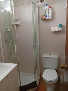 a bathroom with a toilet and a glass shower at Empuriabrava Vue Mer in Empuriabrava
