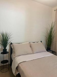 a bedroom with a bed with two potted plants at Alegria Suite in Ermoupoli