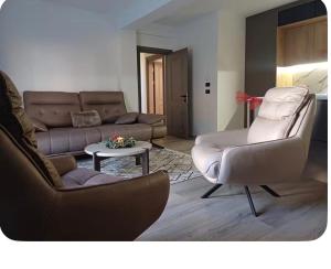 a living room with a couch and chairs and a table at Luxury apartmans in Mavrovo