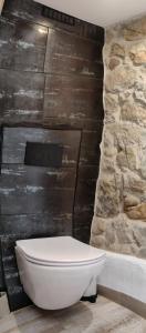 a white toilet in a bathroom with a stone wall at Alegria rustica 2 in Mação