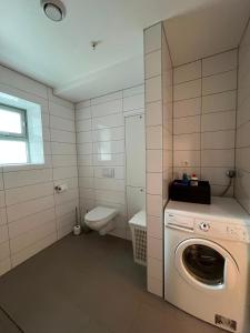 a bathroom with a washing machine and a toilet at Spacious Apartment - Prime Voss Location - Elevator in Vossevangen