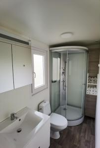 a bathroom with a shower and a toilet and a sink at Forest house Maestral in Koper