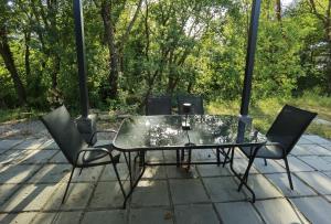 a glass table and four chairs on a patio at Forest house Maestral in Koper