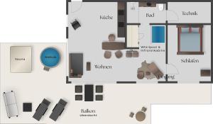 ein Grundriss eines Hauses in der Unterkunft Romantikchalet Fuchsbau mit eigenen Wellnessbereich, Komfort und viel Ruhe in der Natur in Vorra + 16 Fotos