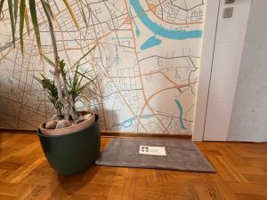 a potted plant sitting on a floor next to a wall at Sloth Room in Warsaw