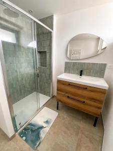 a bathroom with a shower and a sink and a mirror at Les Oyats in Équihen-Plage