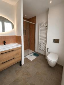 a bathroom with a toilet and a sink and a shower at Les Oyats in Équihen-Plage