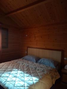 a bedroom with a bed in a wooden room at Llogara Wood Lodge in Vlorë +3 photos