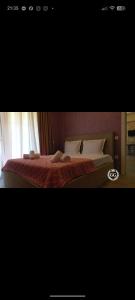 a bedroom with a bed with red sheets and a window at Hotel G&G in Tsaghveri +2 photos