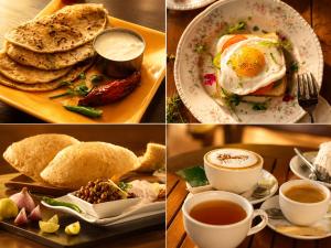 a collage of pictures of breakfast foods and coffee at Hotel Kings Inn, Karol Bagh, New Delhi in New Delhi