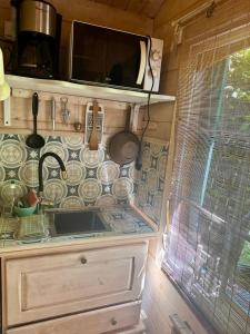 a kitchen with a sink and plates on the wall at Le chalet du Jardin caché in Marmande