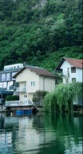 a house and a boat on a body of water at Drina Lake House in Zvornik