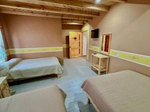 a bedroom with two beds and a tv in a room at Hotel Nuevo Amanecer in Real de Catorce
