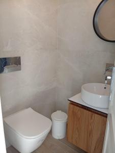 a bathroom with a white toilet and a sink at Sevi - Irene Studios in Masouri