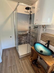 a bathroom with a sink and a glass shower at Fewo kleine Auszeit in Karbach