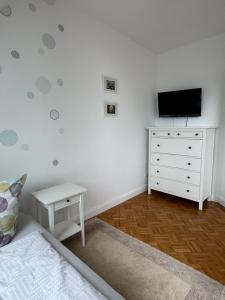 a bedroom with a bed and a tv and a dresser at Deichoase bei Friesens mit Sauna in Barsfleth