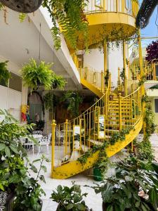 a yellow spiral staircase in a building with plants at Hotel Museo Carnaval in Huejotzingo