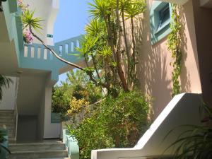 un escalier menant à un bâtiment avec des plantes dans l'établissement Hotel Kleopatra, à Stalós
