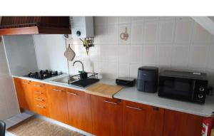 a kitchen with a sink and a microwave at Meira House in Belinho