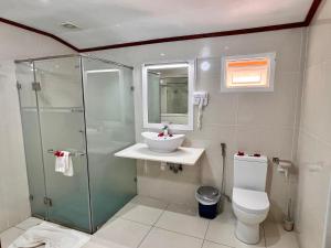 a bathroom with a shower and a sink and a toilet at Villa Chez Batista in Takamaka