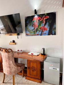 an office with a desk with a television and a chair at Villa Chez Batista in Takamaka