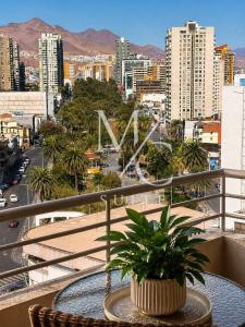 a table with a plant on a balcony with a city at Disponible Exclusivo Depto Central. Clinica Antofagasta. Wi-Fi Parking y Factura in Antofagasta +11 photos