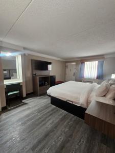 a large bedroom with a large bed and a desk at Ramada by Wyndham Westminster Denver in Westminster