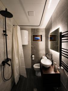a bathroom with a sink and a toilet and a shower at Hotel Eden Mestia in Mestia +59 photos