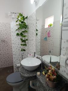 a bathroom with a sink and a toilet and a mirror at Turquesa in Hernandarias +4 photos