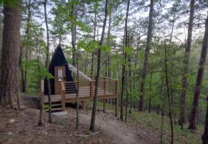 a small tree house in the middle of a forest at Loblolly Pines Adventure Aframe #2 in Eureka Springs +21 photos
