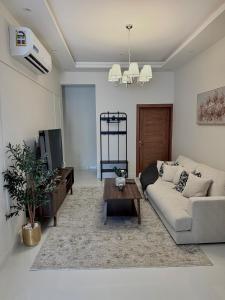a living room with a couch and a tv at Luxury Cozy 2BR Penthouse in Ḩayl Āl ‘Umayr