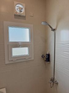 a bathroom with a shower and a window at Luxury Cozy 2BR Penthouse in Ḩayl Āl ‘Umayr