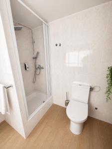 a white bathroom with a toilet and a shower at Hotel Mainbrücke in Kitzingen