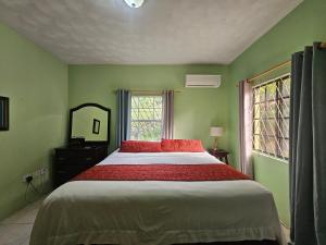 a bedroom with a bed with red pillows and a window at Royal Escape - 1 in Anse La Raye
