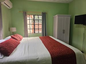a bedroom with a large bed with green walls and a window at Royal Escape - 1 in Anse La Raye