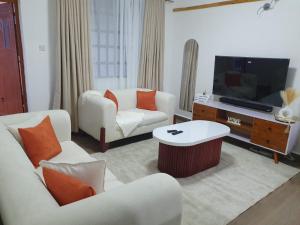 a living room with two couches and a tv at stayscape homes nanyuki in Nanyuki