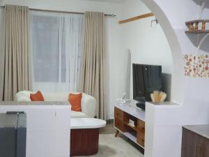a living room with a couch and a television at stayscape homes nanyuki in Nanyuki